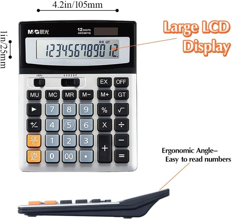 MG Desk Calculator 12 Digit Extra Large LCD Display Calculators, Dual Solar Power and Battery, Battery Included, Metal Panel Comfort Button Calculator for Office Home - Image 4